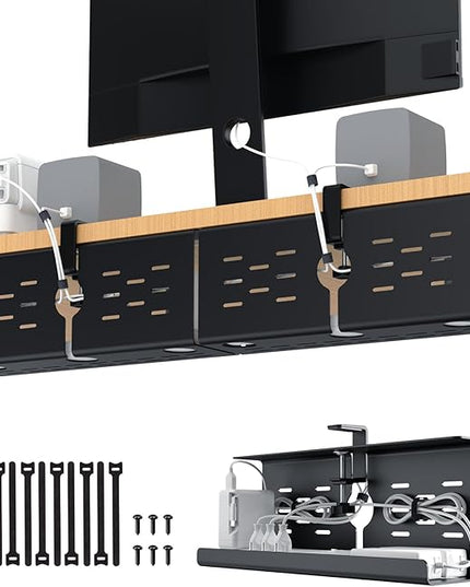 KEEGH 16" Under Desk Cable Management Tray, 2 Pack Desk Cord Organizer Upgrade Capacity, Drill Free Clamp/Screw Mount, Sturdy Metal Tray for Connect Cables, Home, Office, Black