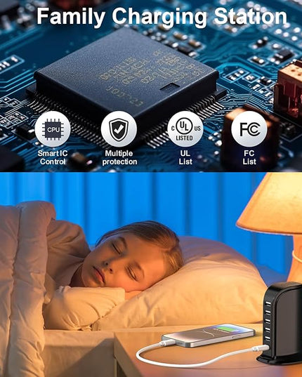 USB Charger Block with Type C, 6-Port Chargers for Multiple Devices, USB Charging Hub with Smart IC, Charger Station for Phone/Tablet/Gaming, Wall Charger Adapter Compact&Portable