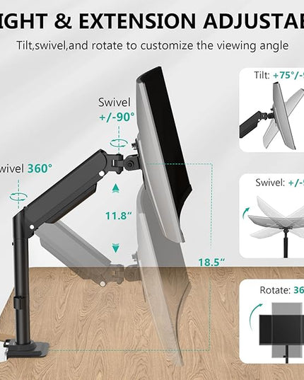 WALI Single Monitor Arm Desk Mount for 13-32 Inch Screens, Premium Gas Spring Monitor Stand with Full Motion Tilt, Swivel, Rotation, Holds up to 19.8 lbs, C-Clamp Mount for VESA 75/100mm (GSDM001S)