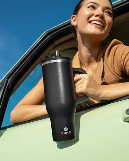 34HD 40 oz Stainless Steel Tumbler - Leakproof Insulated Water Bottle with Handle, Magnetic Lid and Flexible Straw - Iced for 48 Hours – Perfect for Men, Women, Birthday Gift, Black - Midnight Onyx