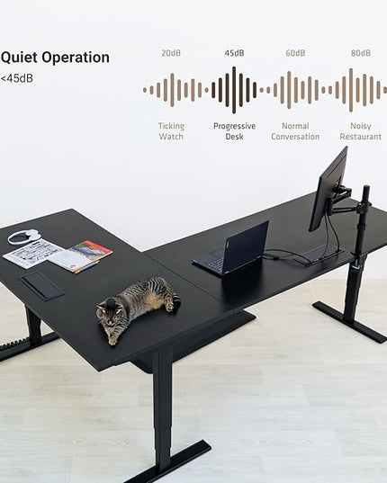 Progressive Desk Height Adjustable Computer Standing Desk - L Shaped 70" x 55" Corner Electric Stand Up Rising Workstation - Black Frame, Gray Oak Top