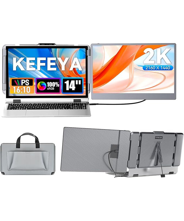 KEFEYA Laptop Screen Extender 2K, 2160x1440 QHD Laptop Monitor Extender Dual Screen, 14” Portable Monitor for Laptops 13-17" with USB-C/HDMI Port, Plug n Play for Windows/Mac/Android/Switch/PS5
