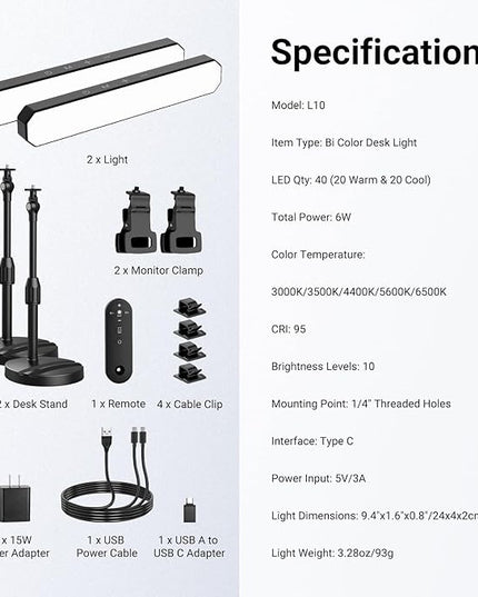 NEEWER Basics Desktop LED Light Kit with 11" Stand/Monitor Clamp, 2 Pack(12W) CRI95 Bi Color Video Conference Zoom Lighting for Laptop Computer Webcam, Compatible with iPhone Video Recording, L10