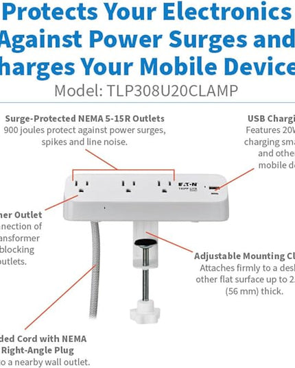 Eaton Tripp Lite Series Desk Clamp Power Strip Surge Protector, 3-Outlets, USB-A & USB-C Charging Ports, 900 Joules, 8ft Braided Flat Extension Cord, Lifetime Manufacturer's Warranty (TLP308U20CLAMP)
