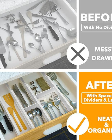 SpaceAid Bamboo Drawer Dividers with Inserts and Labels, Kitchen Adjustable Drawer Organizers, Expandable Organization for Home, Office, Dressers, 4 Dividers with 9 Inserts (17"-22" White)