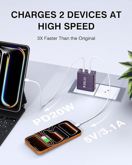 [2-Pack] USB C Wall Charger, 60W Charger Block 5-Port PD Fast Charging Blocks,Multiport 2USB C+3USB A Plug,Type C Power Adapter Brick Cube for iPhone 17/16/15/14/13/Pro,Samsung,for Switch（Purple）