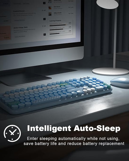 MOFII Wireless Keyboard and Mouse Combo, Full Size 2.4G Plug and Play Typewriter Retro Round Computer Keyboard and Mouse Set for Windows, Computer, Desktop, PC, Notebook - (Blue Colorful)