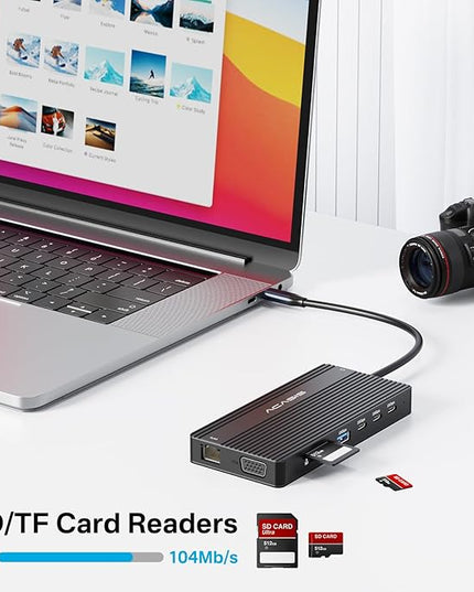 USB C Docking Station Dual HDMI Monitor, Laptop Docking Station 3 Monitors, 2 * 4K HDMI+1080p VGA+100W PD+Ethernet+3 USBC 10Gbps+SD/TF+Audio Adapter, USB C Hub for Dell/Lenovo/HP/ThinkPad(Black)