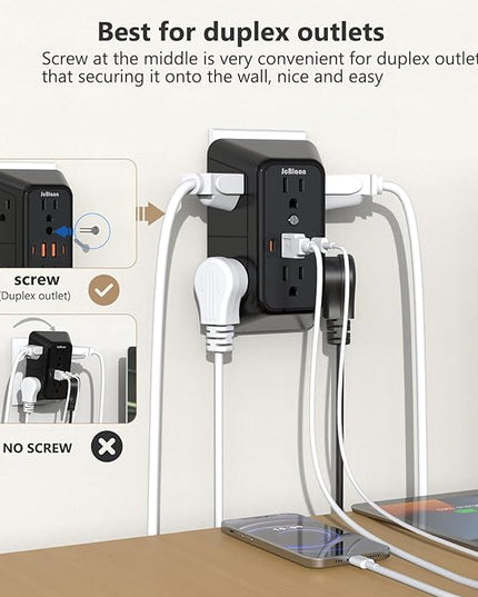 JcBlaon Outlet Extender Surge Protector - 6 Outlet Splitter with 4 USB Ports (2 USB C), Multiple Plug Expander Wall Charger, 3 Sided Multi Plug Wall Adapter Power Strip for Home Office Kitchen Travel