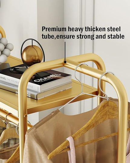 MAIKAILUN Gold Clothing Rack, 39“L Modern Industrial Clothes Rack for hanging Clothes with Top Rod and 3-Tier Shelves, Multi-functional Heavy Duty Garment Rack Cloest Organizer Coat Rack for Boutique