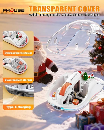 White Transparent Wireless Mouse with Cute Santa Doll, Dual Receivers (USB & Type-C), Tri-Mode Bluetooth+2.4GHz, Rechargeable Silent Portable Mice for MacBook/Laptops/PC/Office/Home