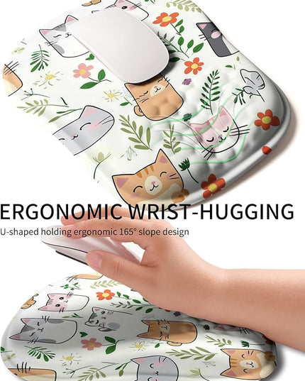 Hokafenle Ergonomic Wrist-Hugging Mouse Pad Wrist Support, U-Shaped Holding Wrist Rest Mousepad for Carpal Tunnel Pain Relief with Cushioned Memory Foam Slope Massage Bulge (10.2x8.3 in,Cute Cat)