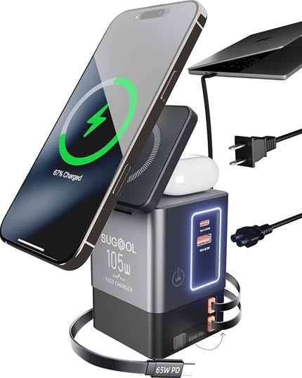 SUGOOL Retractable Charger with Wall Plug, 105W GaN 6-in-1 Charging Station with Magnetic Pad – MagSafe Compatible USB-C/Type-C Fast Charging Charger for iPhone, AirPods, MacBook