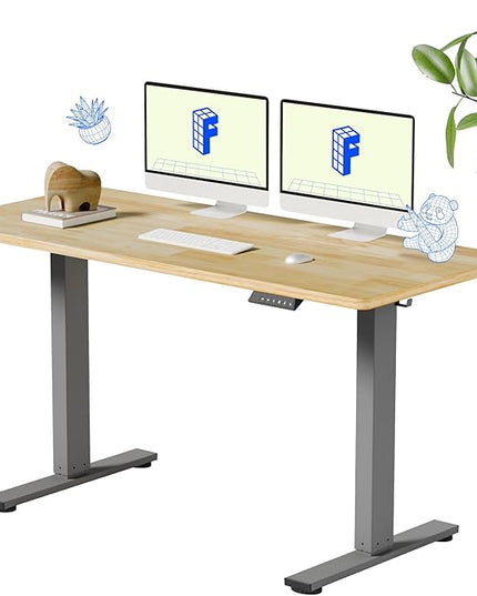 FLEXISPOT EN1 One-Piece Solid Wooden Standing Desk 55 x 24 Inches Height Adjustable Electric Sit Stand Home Office Desks (Silver Frame + Rubber Wood Top, 2 Packages)