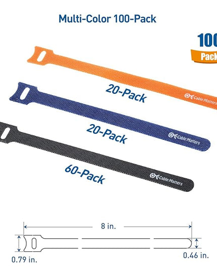 Cable Matters 100-Pack 8-inch Hook-and-Loop Reusable Wire Ties/Cable Ties with 42 lbs Tensile Strength - Multi-Color Black, Blue, and Orange Cord Wrap, ZipTies, Cable Management Straps