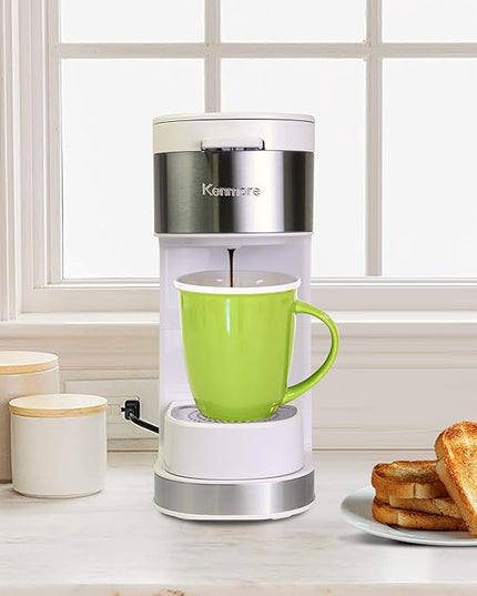 Kenmore Single Serve Coffee Maker – 6–14 Oz Brew Sizes, Compatible with Keurig K‑Cup Pods & Ground Coffee, One Cup Brewer, Travel Mug Friendly, Auto Shut‑Off, Hot & Iced maquina de cafe, White