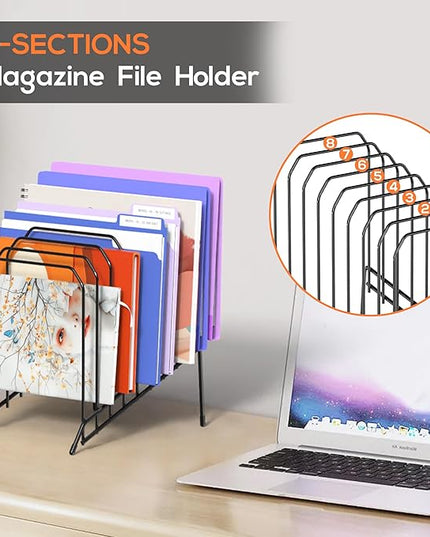 Incline Metal Desk Magazine Folder Holder, Sorter Desk File Organizer with 8-Section Vertical Compartments Rack File Organizer for Office, Home, School