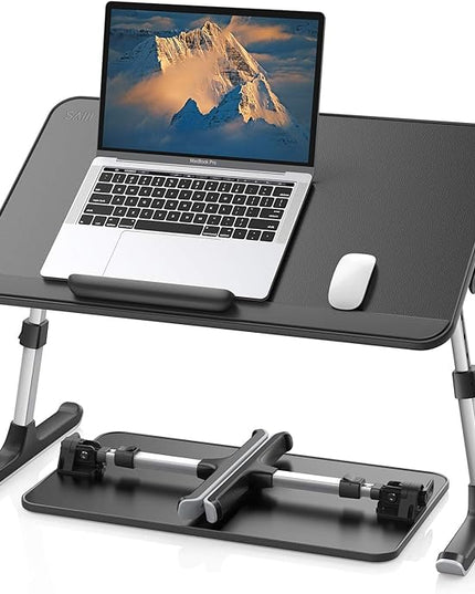 SAIJI Leather Laptop Bed Tray Table, Adjustable Laptop Stand with Removable Stopper, Portable Lap Desks with Foldable Legs, Notebook Stand Breakfast Reading Desk for Sofa Couch((Medium, Black)