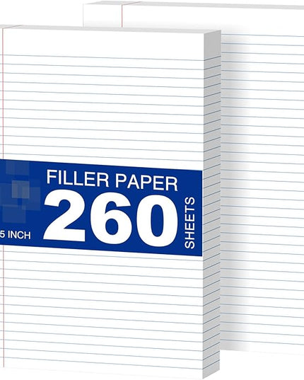 2-Pack White Loose Leaf Paper 260 Sheets Filler Paper 8 * 10.5 College Ruled 3-Hole Punched for 3-Ring Binders Notebook Lined 8" x 10.5"