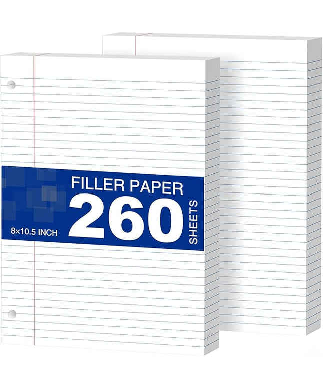 2-Pack White Loose Leaf Paper 260 Sheets Filler Paper 8 * 10.5 College Ruled 3-Hole Punched for 3-Ring Binders Notebook Lined 8" x 10.5"