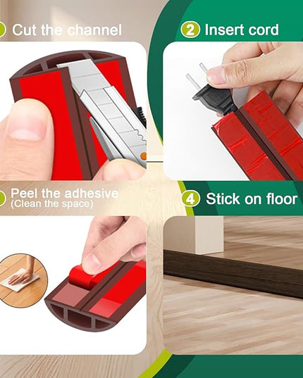 Floor Cord Cover Cable Cavity Self Adhesive Hider - Electric Cord Covers for Living Rooms, Offices - Cable Cover Protector (Black Wood, 1.18" x 10')