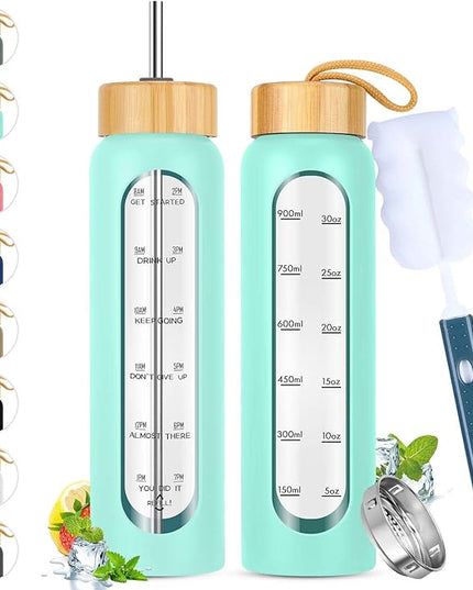 32 oz Glass Water Bottle with Straw - Motivational Time Marker & Silicone Sleeve - Reusable Tumbler Includes 2 Bamboo Lids & Fruit Infuser - 1 Pack