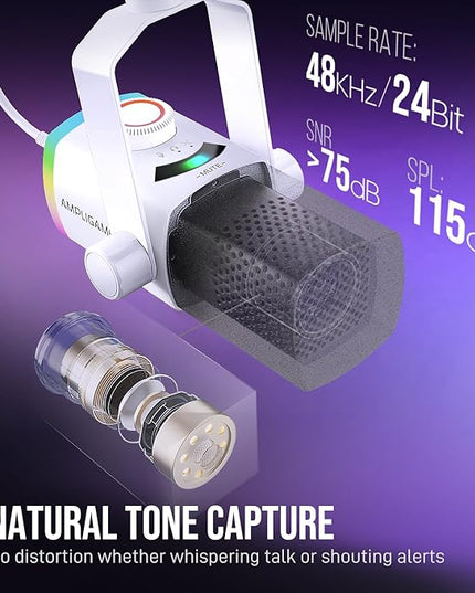 FIFINE Streaming Microphone Kit for Gaming, XLR/USB Dynamic Mic with RGB Boom Arm Stand for Podcast Vocal, PC Microphone with Mute Tap, 3-in-1 Volume Knob, Audio Balance-AmpliGame AM8PROT White