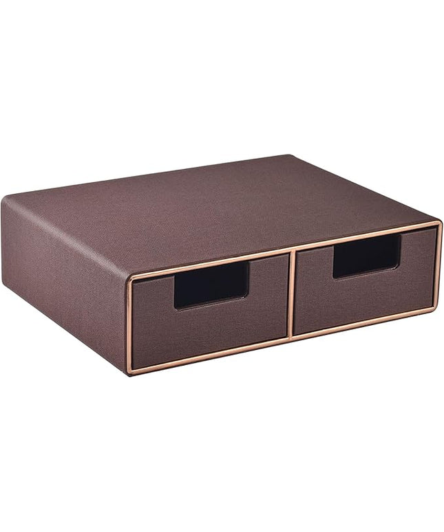 Linen Leather Desk Organizer and monitor stand with Drawers－Mini Desktop Drawer Organizer Stackable－Tabletop Organization Storage Box for Office Supplies Home Vanity Toiletries (Brown, 2-drawers)