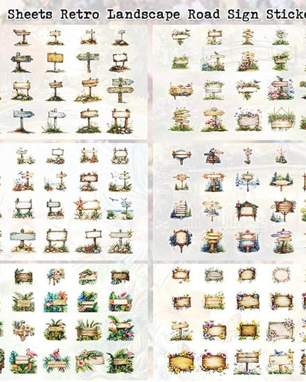 240 Sheets Retro Wood Road Sign Stickers for Journaling, 6 Pack Assorted Designs Decorative Transparent PET Stickers for Scrapbooking, Junk Journals, Collage, DIY Crafts Arts