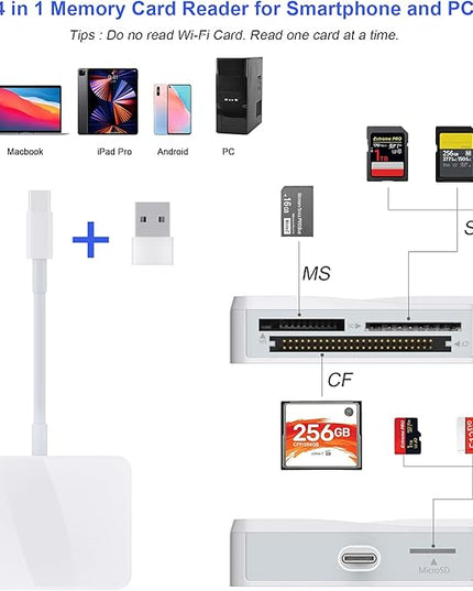 SD Card Reader, 4 in 1 USB C to SD/TF/CF/MS Card Reader with USB to USB C Adapter Memroy Card Reader for iPhone 17/16/15 Pro Max iPad Pro MacBook Pro/Air iMac M4/M3/M2 Android Phone/Tablet PC (White)