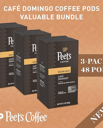 Peet’s Café Domingo Coffee Pods – 48 Count (3 Packs of 16) – Medium Roast with Smooth, Balanced Flavor and Aromatic Finish – Compatible with Pelecom Coffee Machines – Peet’s Coffee Pods & Capsules