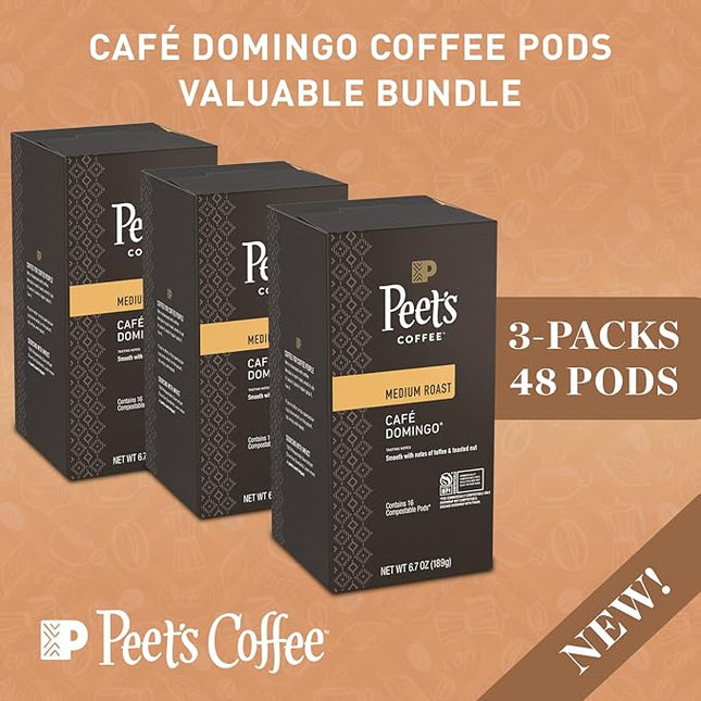 Peet’s Café Domingo Coffee Pods – 48 Count (3 Packs of 16) – Medium Roast with Smooth, Balanced Flavor and Aromatic Finish – Compatible with Pelecom Coffee Machines – Peet’s Coffee Pods & Capsules
