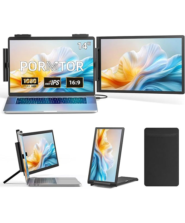 Pornitor Laptop Screen Extender, 14" FHD 1080P IPS Laptop Monitor Extender with USB C/HDMI Port, Plug and Play Dual Screen Portable Extended Monitor for 14"-16.5" Laptops