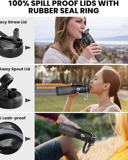 Insulated Water Bottle 24oz, Triple Wall Vacuum Stainless Steel (Cold for 48 Hrs, Hot for 24Hrs), Leak Proof & Non-BPA, 24oz Hydro Water Flask with Paracord Handle & Straw Spout Lids