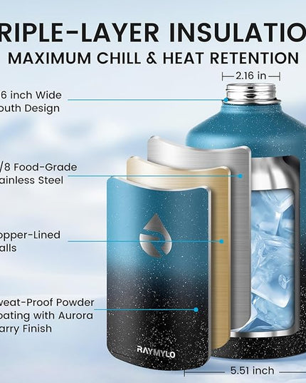 128oz Insulated Water Bottle, Triple Wall Vacuum Stainless Steel Water Bottles - Keeps Cold 48H, Reusable One Gallon Jug for Gym, Sports, Camping, Hiking,Travel, Starry Sky-Indigo/Black