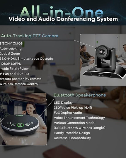 TONGVEO All-in-One Conference Room Video Camera System Al Auto-Tracking HD1080P 60fps 3X Optical Zoom USB3.0 HDMI PTZ Camera and Bluetooth Conference Speakerphone with Microphones