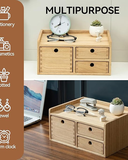 KIRIGEN Desk Organizer with 3 Drawers - Wood Drawer Storage Box with Trays for Tabletop - Workspace Office Toiletries Supplies Tool Caddy - Wooden Storage Cabinet Natural（DT1D3C-NA）