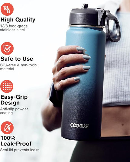Coolflask Water Bottle 20 oz Insulated with Straw, Stainless Steel Metal 3 Lids Water Flask Wide Mouth for Sports or Office, Non-BPA Keep Cold Up to 48 Hrs or Hot Up to 24 Hrs, Samurai Cyan