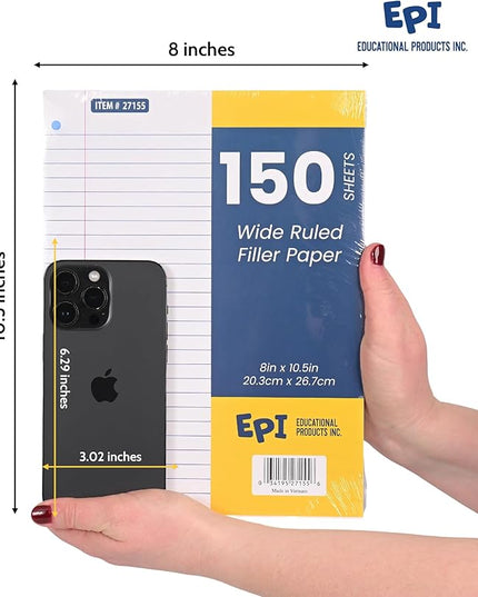 EPI Filler Paper | College Ruled | Loose Leaf, 3-Hole Punched, 10.5 x 8 in, 150 Sheets | School, Office, Notes, Binder Refill - 3 Pack