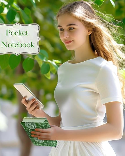 Embroidered Mini Notebook for Girl, Small Fabric Hardcover Journal, A6, 264 Pages, 4x6 Lined Notebook & unlined Sketchbook, Cute Diary, Pocket Notepad Kids Journal, Green Leaf.
