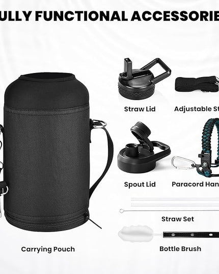 Insulated Water Bottle 64 oz, Triple Wall Vacuum Stainless Steel (Cold for 48 Hrs), Leak Proof & Non-BPA, Half Gallon Water Flask Jug with Paracord Handle & Straw Spout Lids
