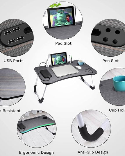 Slendor Lap Desk with Cup Holder, Foldable Laptop Table for Bed, Portable Bed Desk for Laptop and Writing, Computer Tray with Tablet Slot, Notebook Stand Reading Holder for Couch Sofa Floor,Black