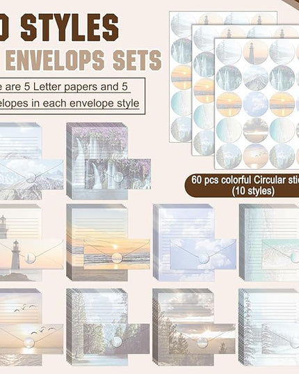 TaoBary 160 Pcs Stationery Paper Set 50 Double Sided Stationery Papers with 50 Matching Envelopes and 60 Round Dot Sticker, 10 Design(Natural Scenery,8.5 x 11 Inch)