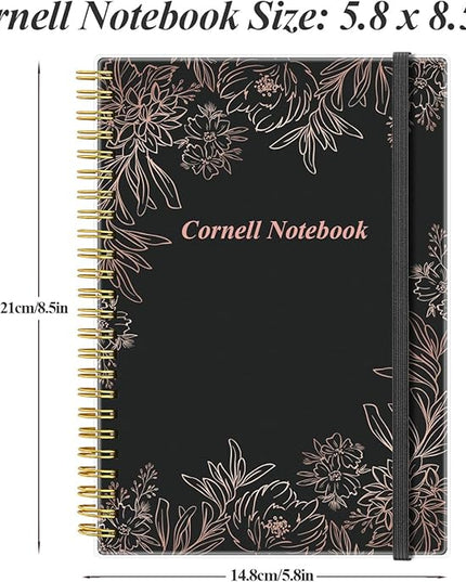 Yaridar A5 Cornell Notes Notebook - College Spiral Cornell Notebooks for Note Taking, Subject College Ruled Steno Pads for Office/School/Home, 5.8" x 8.5", Black Flower