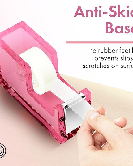 OfficeGoods Acrylic Tape Dispenser – Modern Desk Organizer for Office Supplies – Heavy Duty Refillable Tape Holder for Home and School Crafting – Stylish Desktop Accessory for Gift Wrapping, Pink