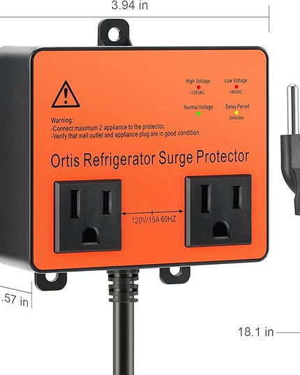 Refrigerator Surge Protector, Ortis Double Outlet Voltage Protector for Home Appliances with Time Delay, Protects Against Brownout, Spike, Instant Surge All Voltage Abnormalities, black