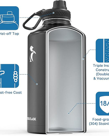 Coolflask Gallon Water Bottle Insulated with Straw&3 Lids, 128 oz Water Jug Large Stainless Steel Metal Vacuum Wide Mouth for Sports, Gym or Office, Non-BPA Keep Cold 48H Hot 24H, Magic Black
