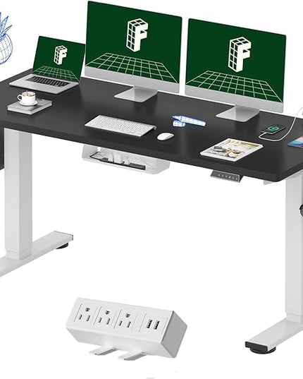 FLEXISPOT EN2 Whole-Piece Standing Desk with Clamp Power Strip, 60 x 24 Electric Stand Up Height Adjustable Desk with Cable Management (White Frame + 60" Black Desktop, 2 Packages)
