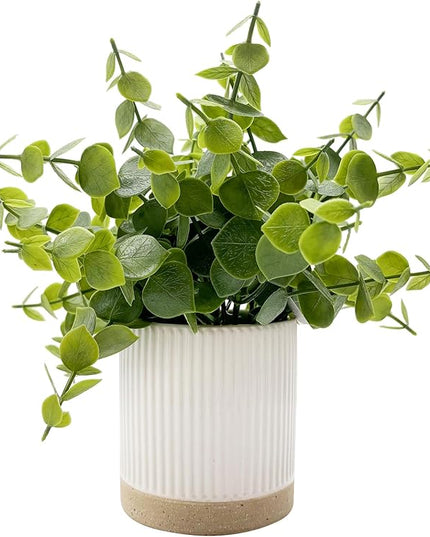 Coferset Small Fake Eucalyptus Potted Plants 9.5" Indoor Fake Plants Small Artificial Eucalyptus with Ceramic Pot-Realistic Greenery for Shelf Office Desk Home Bathroom Table Decor