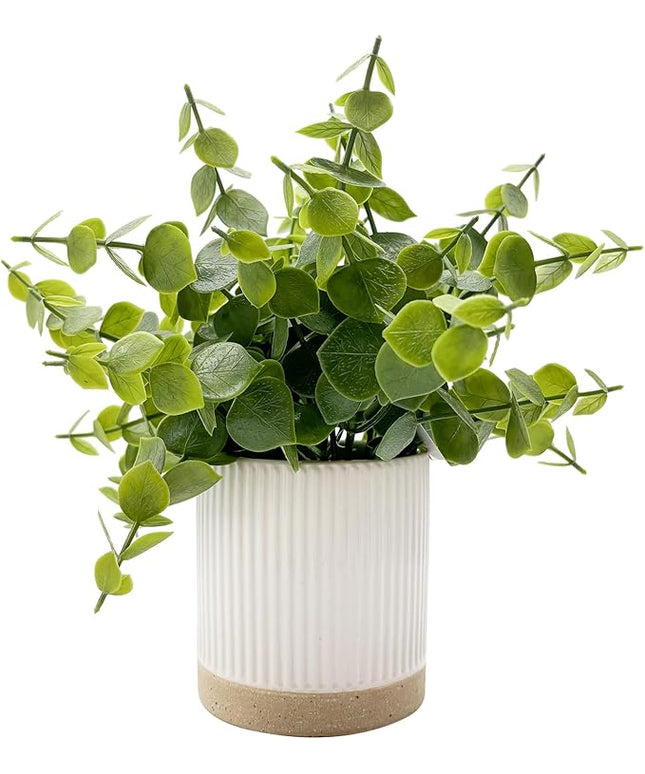 Coferset Small Fake Eucalyptus Potted Plants 9.5" Indoor Fake Plants Small Artificial Eucalyptus with Ceramic Pot-Realistic Greenery for Shelf Office Desk Home Bathroom Table Decor